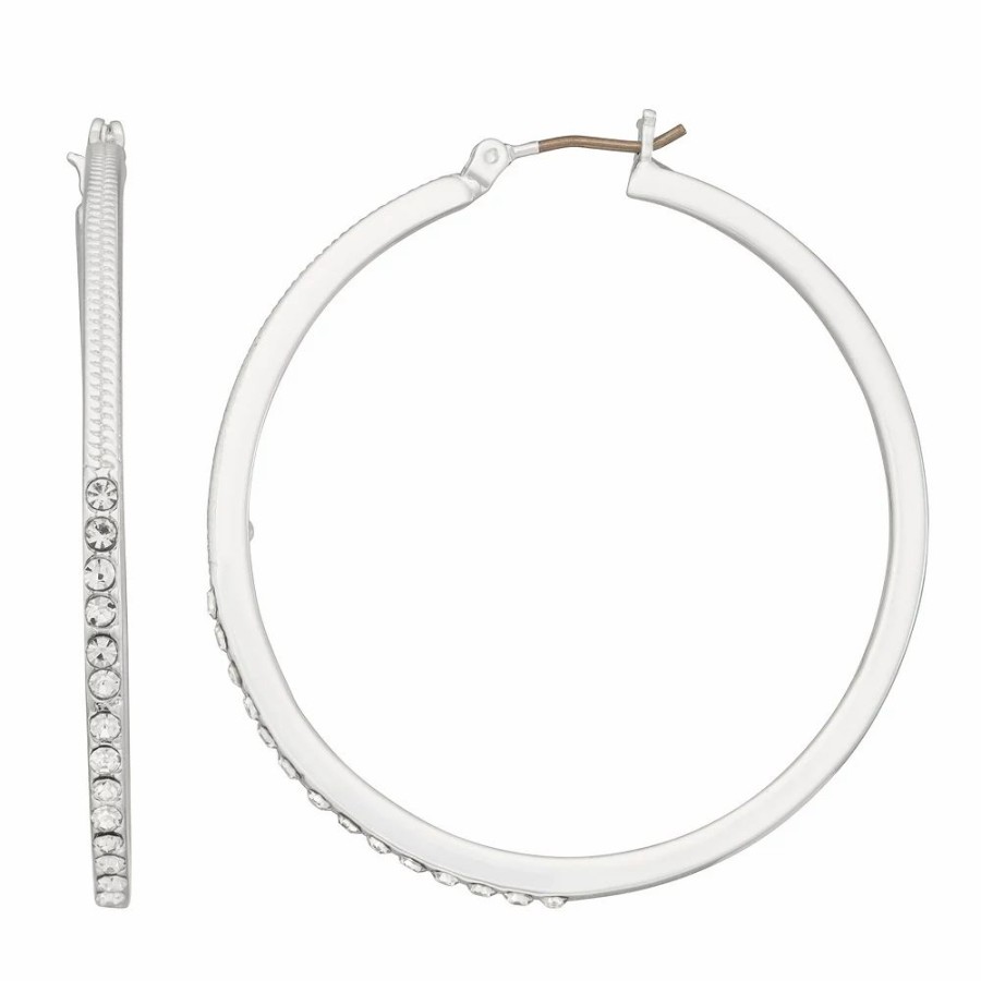 * Nine West Silver Tone Pave Click It Hoop Earrings | Earrings