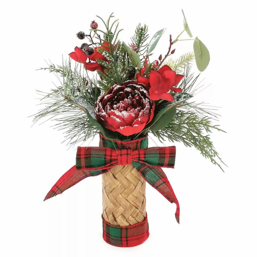 * St. Nicholas Square Artificial Snow Red Floral Stack Table Decor | Artificial Flowers & Plants