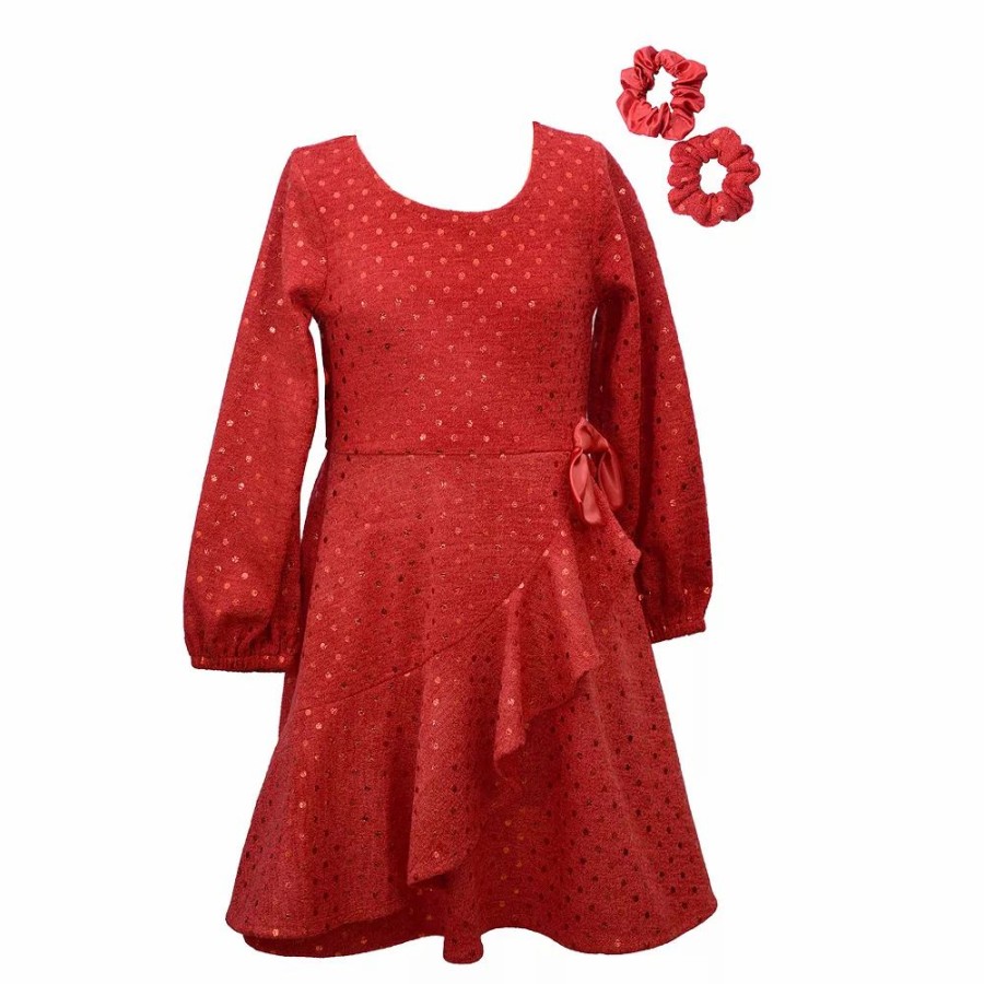 * Girls 7-20 Bonnie Jean Faux Wrap Polka Dot Holiday Sweater Dress With 2 Scrunchies In Regular & Plus | Dresses