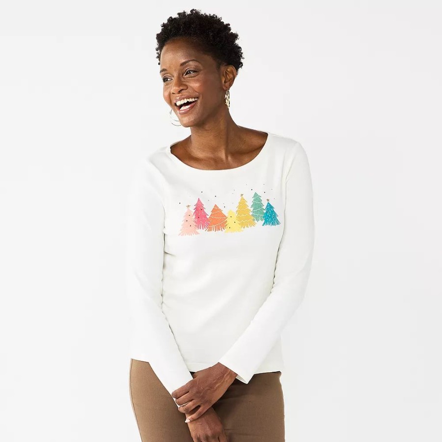 * Women'S Croft & Barrow Holiday Long Sleeve Graphic Tee | Tops