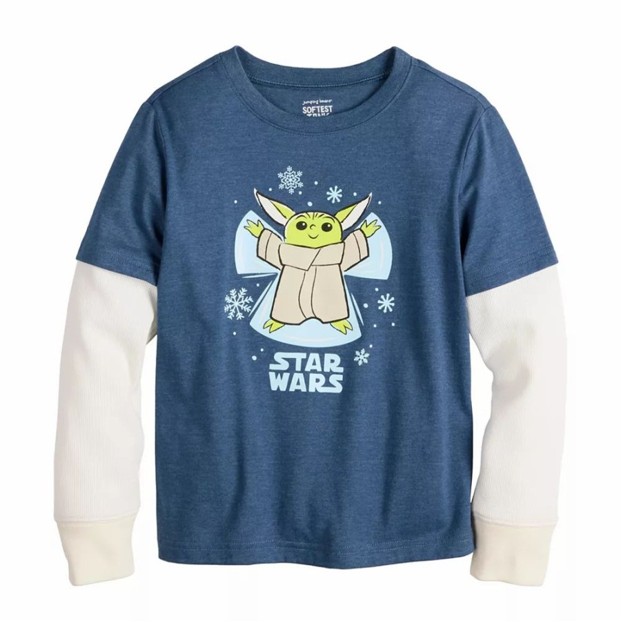 * Boys 4-12 Jumping Beans The Mandalorian Grogu Aka Baby Yoda Snow Angel Thermal Sleeve Skater Tee | Tops