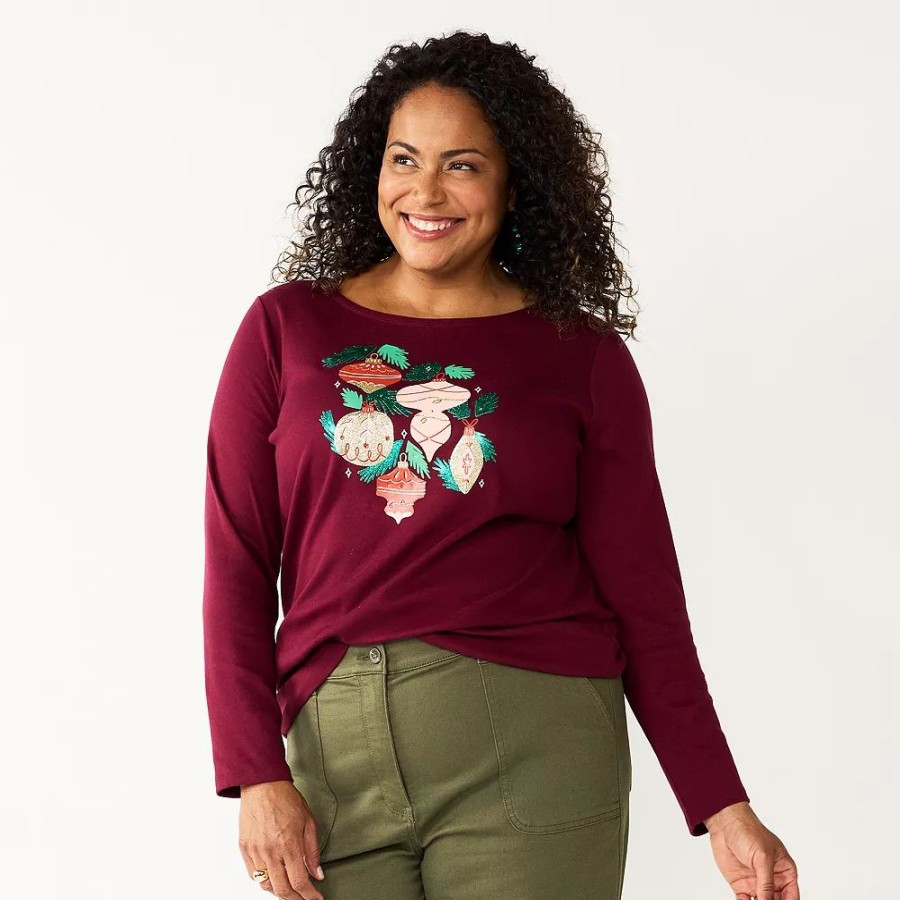 * Plus Size Croft & Barrow Holiday Motif Graphic Tee | Tops